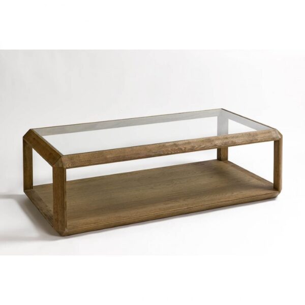 Mesa de Centro Rectangular en Roble Natural y Cristal Transparente