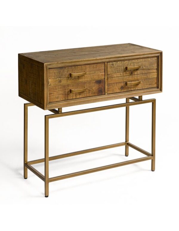 Consola de madera envejecida y estructura dorada