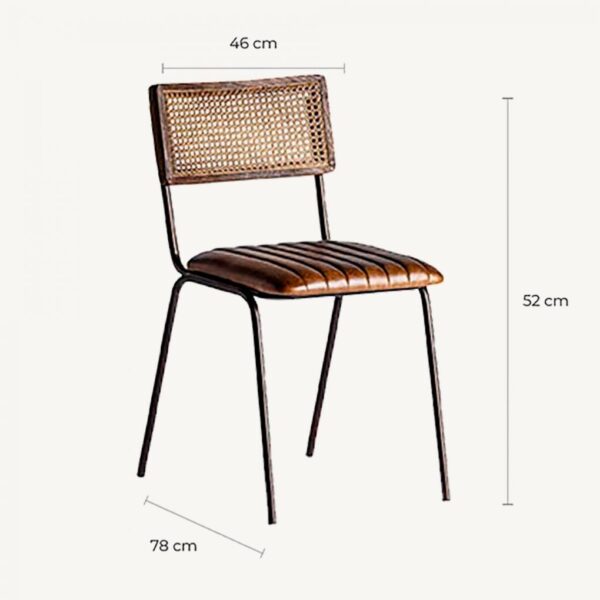 Silla de Metal, Ratán y Asiento Tapizado en Piel Marrón - Imagen 7