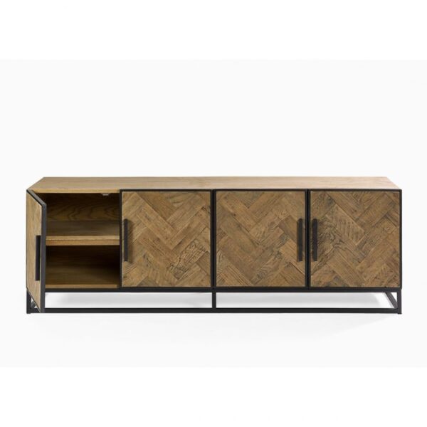 Mueble de TV de Roble con Diseño en Espiga y Base Metálica - Imagen 2