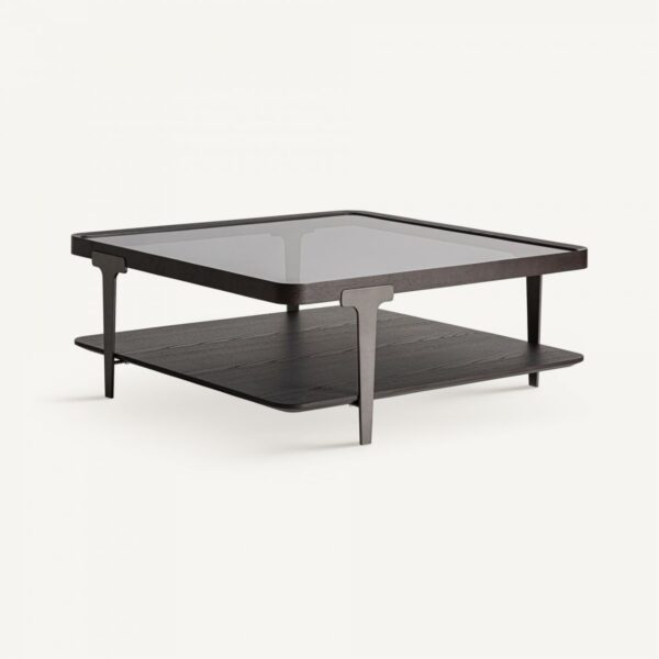 Mesa de Centro Cuadrada en Fresno Negro y Cristal Ahumado